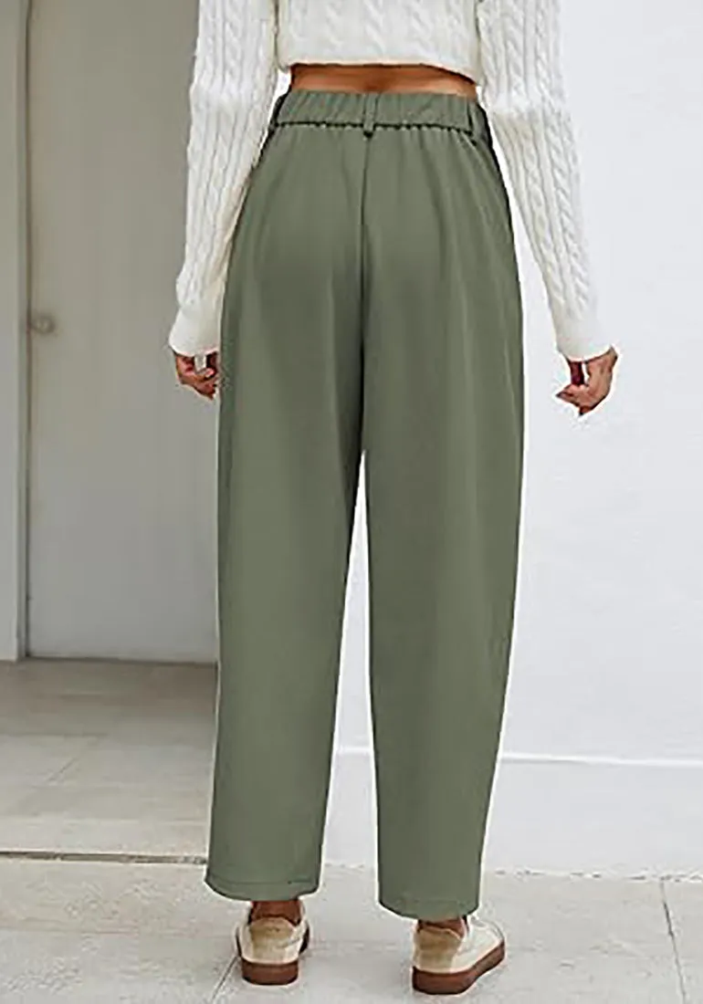 Women's Casual Barrel Style High Waist Relaxed Fit  Full Length Pant With Pocket