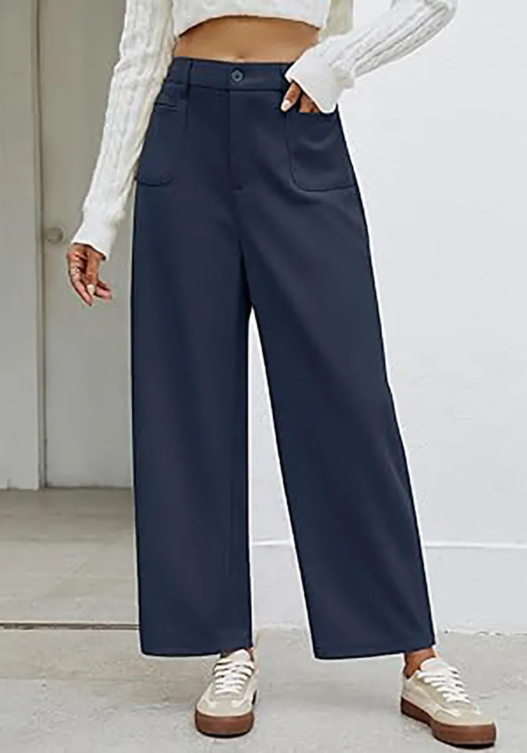 Women's Casual Barrel Style High Waist Relaxed Fit  Full Length Pant With Pocket