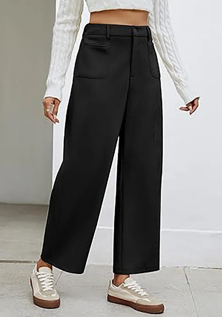 Women's Casual Barrel Style High Waist Relaxed Fit  Full Length Pant With Pocket