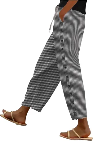 Women's Casual Lantern Harem Loose Elastic Waist Capris Pants Summer Buttons Stripe Print Slacks Trousers with Pocket