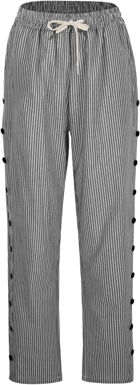 Women's Casual Lantern Harem Loose Elastic Waist Capris Pants Summer Buttons Stripe Print Slacks Trousers with Pocket