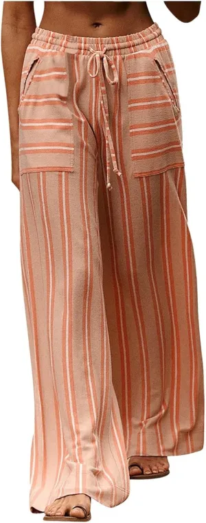 Women's Casual Pants High Waisted Striped Straight Wide Leg Ladies Baggy Relaxed Fit Y2k Trousers Pockets Plus Size