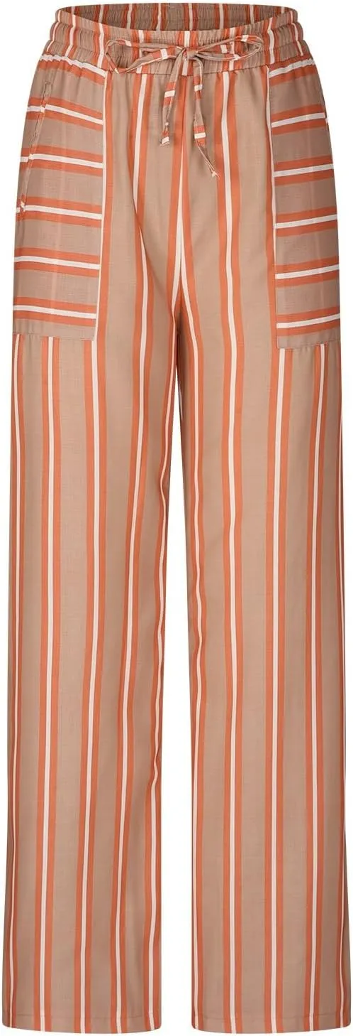 Women's Casual Pants High Waisted Striped Straight Wide Leg Ladies Baggy Relaxed Fit Y2k Trousers Pockets Plus Size