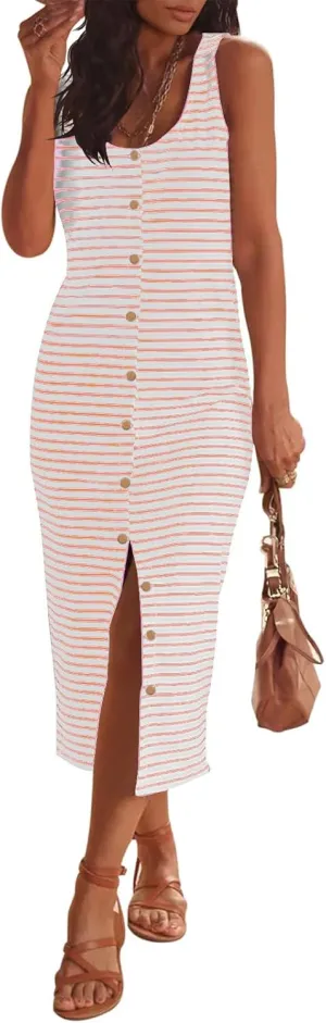 Womens Casual Summer Dresses Trendy Striped V Neck Tank Dress Dressy Sleeveless Button Cardigan Midi Cover Up Dresses