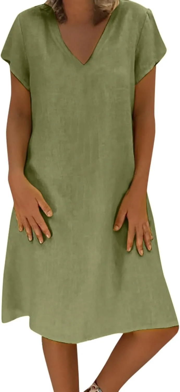 Womens Cotton Linen Dresses 2025 Flowy Casual V Neck Midi T-Shirt Dress Lightweight Summer Beach Vacation Clothes