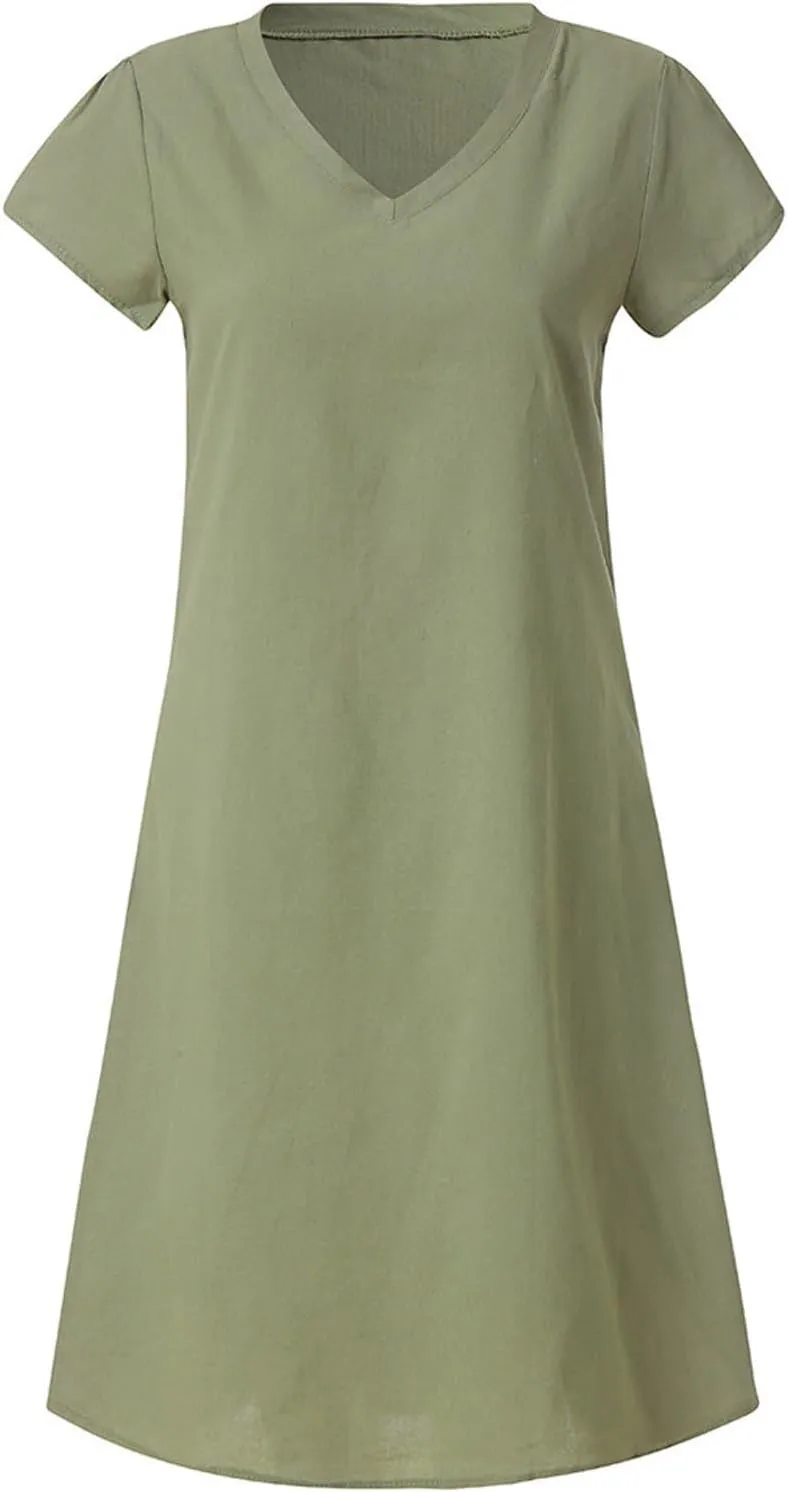 Womens Cotton Linen Dresses 2025 Flowy Casual V Neck Midi T-Shirt Dress Lightweight Summer Beach Vacation Clothes