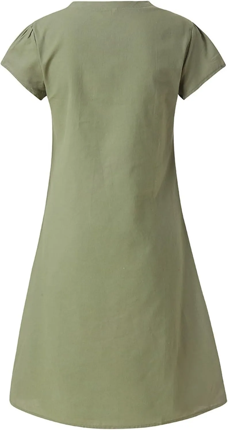 Womens Cotton Linen Dresses 2025 Flowy Casual V Neck Midi T-Shirt Dress Lightweight Summer Beach Vacation Clothes