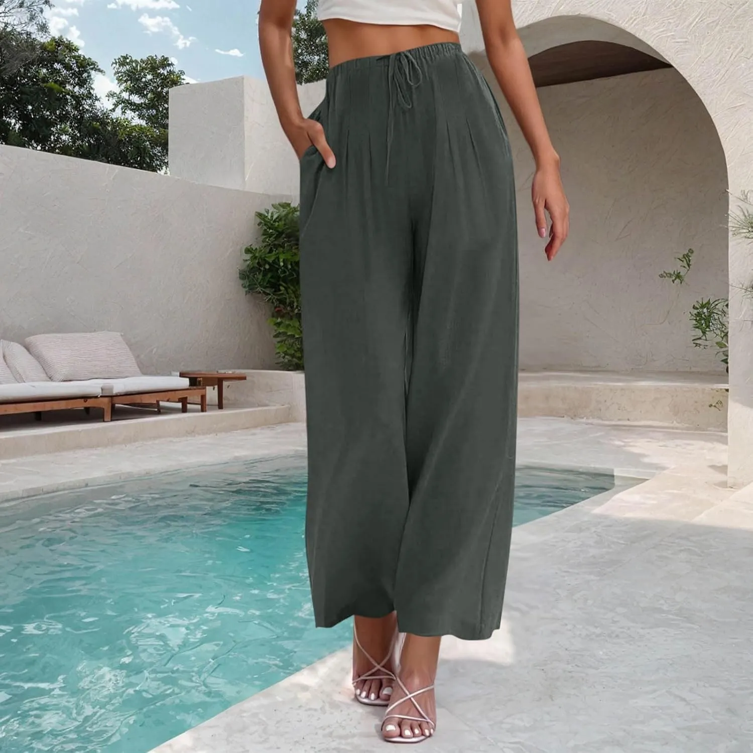 Womens Cotton Linen Palazzo Pants Drawstring Elastic High Waist Casual Wide Leg Trousers Summer Bech Slacks