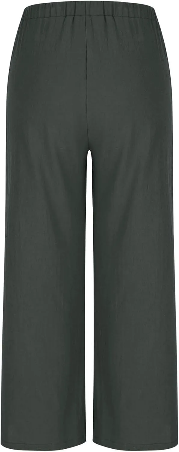 Womens Cotton Linen Palazzo Pants Drawstring Elastic High Waist Casual Wide Leg Trousers Summer Bech Slacks