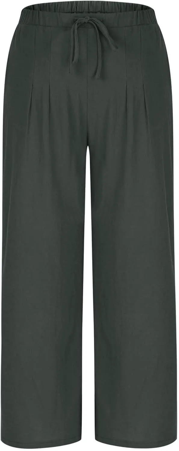 Womens Cotton Linen Palazzo Pants Drawstring Elastic High Waist Casual Wide Leg Trousers Summer Bech Slacks