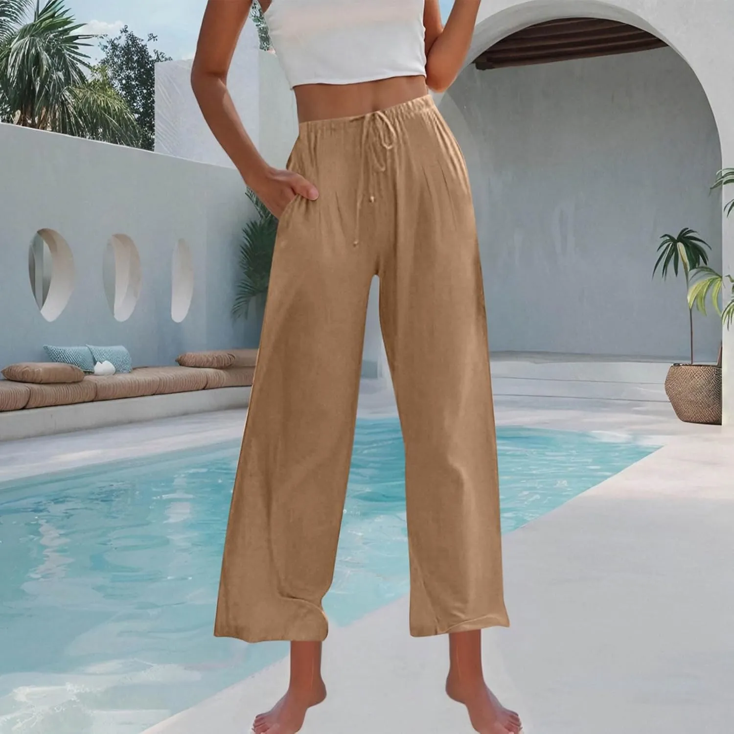 Womens Cotton Linen Palazzo Pants Drawstring Elastic High Waist Casual Wide Leg Trousers Summer Bech Slacks