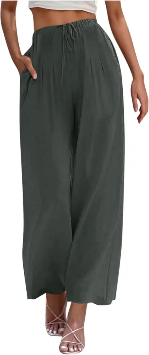Womens Cotton Linen Palazzo Pants Drawstring Elastic High Waist Casual Wide Leg Trousers Summer Bech Slacks
