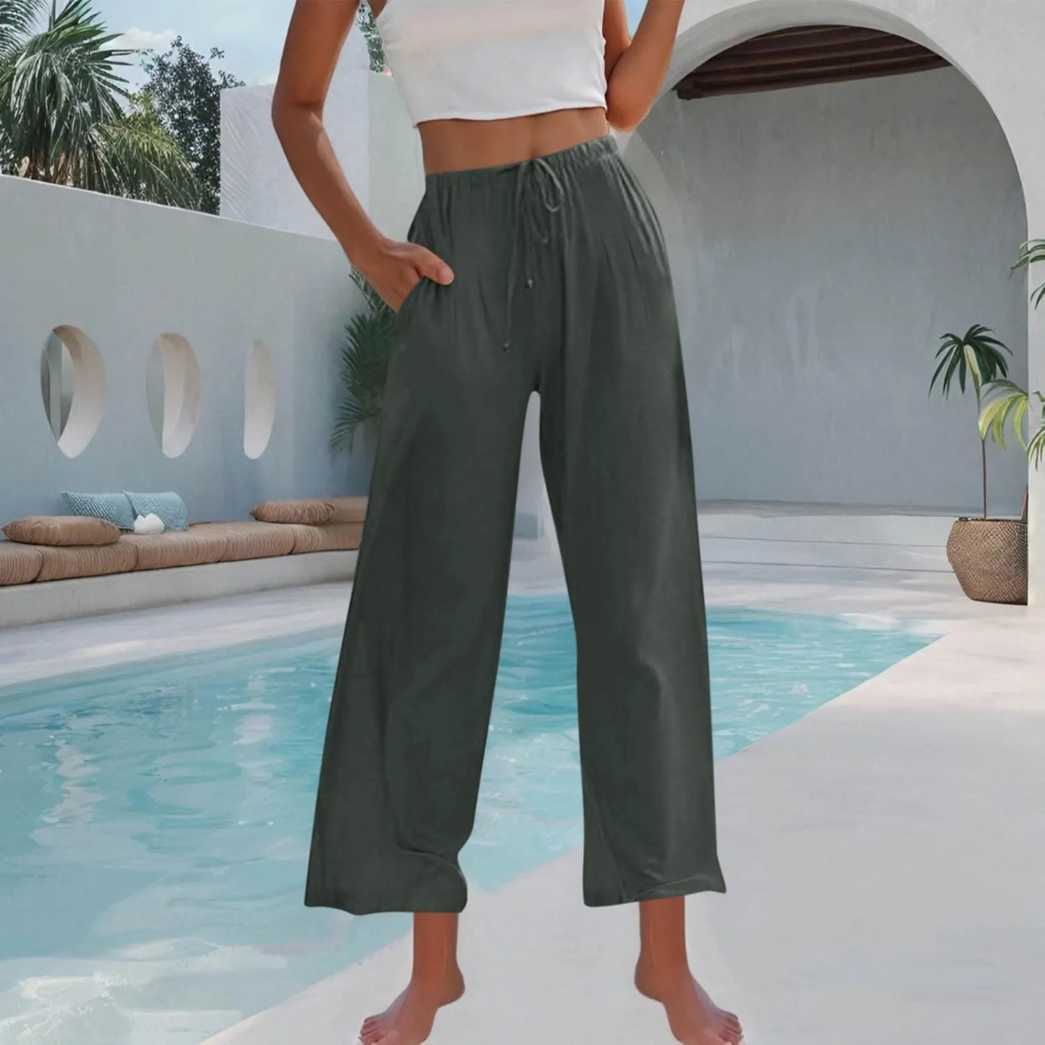 Womens Cotton Linen Palazzo Pants Drawstring Elastic High Waist Casual Wide Leg Trousers Summer Bech Slacks