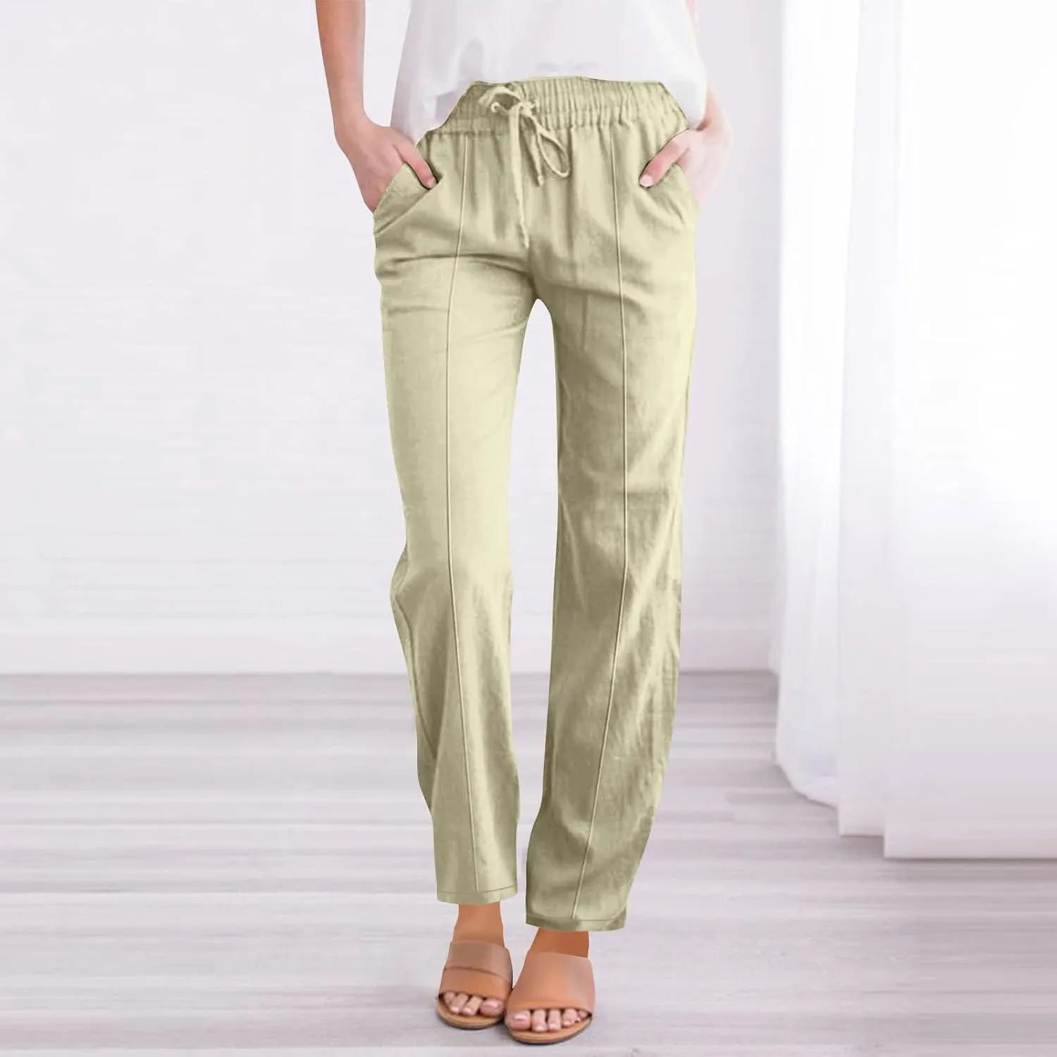 Womens Cotton Linen Pants Drawstring Elastic Waist Straight Leg Long Pantswith Pockets Casual Loose Comfy Trousers