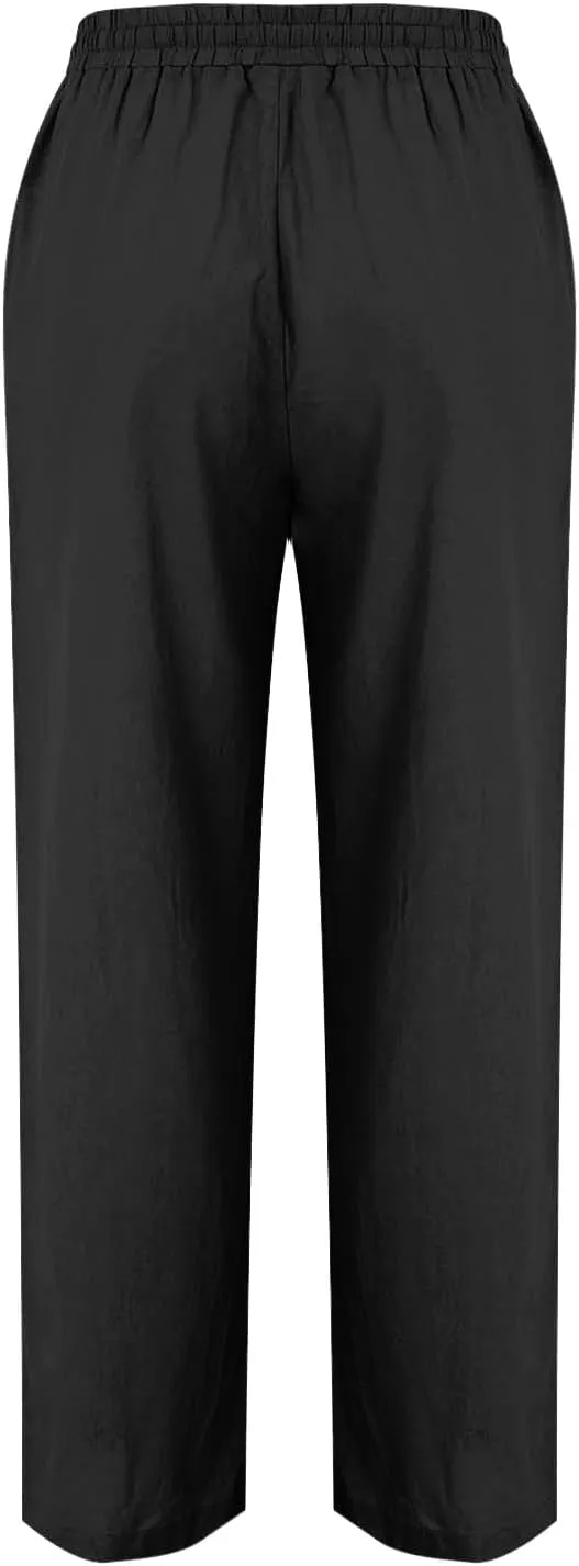 Womens Cotton Linen Pants Drawstring Elastic Waist Straight Leg Long Pantswith Pockets Casual Loose Comfy Trousers