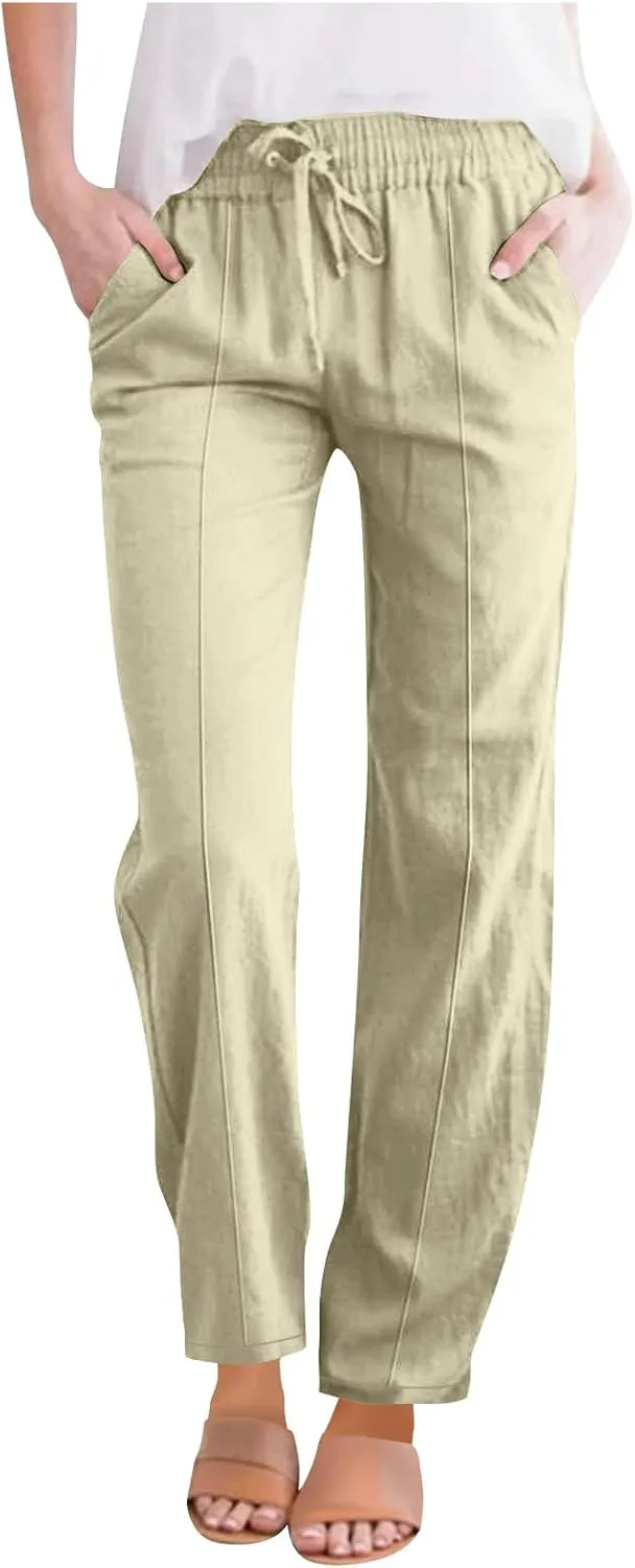 Womens Cotton Linen Pants Drawstring Elastic Waist Straight Leg Long Pantswith Pockets Casual Loose Comfy Trousers