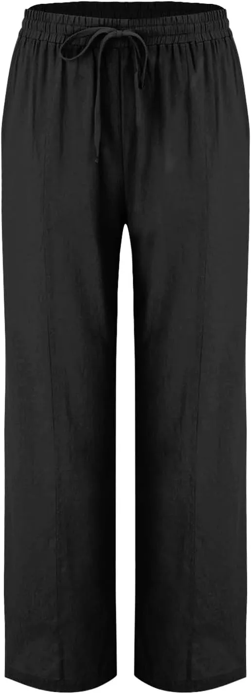 Womens Cotton Linen Pants Drawstring Elastic Waist Straight Leg Long Pantswith Pockets Casual Loose Comfy Trousers
