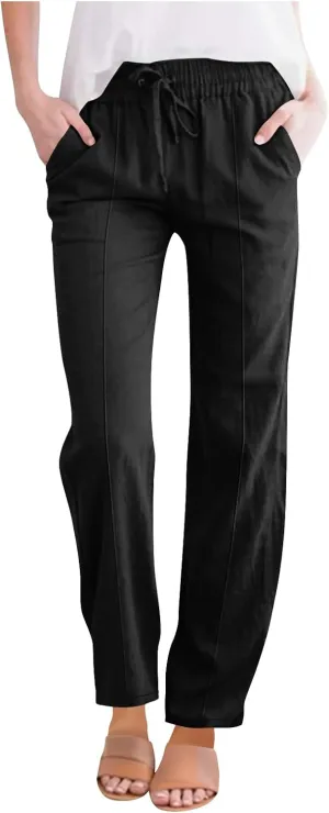 Womens Cotton Linen Pants Drawstring Elastic Waist Straight Leg Long Pantswith Pockets Casual Loose Comfy Trousers