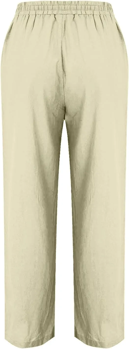Womens Cotton Linen Pants Drawstring Elastic Waist Straight Leg Long Pantswith Pockets Casual Loose Comfy Trousers
