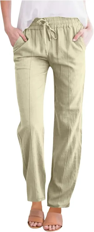 Womens Cotton Linen Pants Drawstring Elastic Waist Straight Leg Long Pantswith Pockets Casual Loose Comfy Trousers