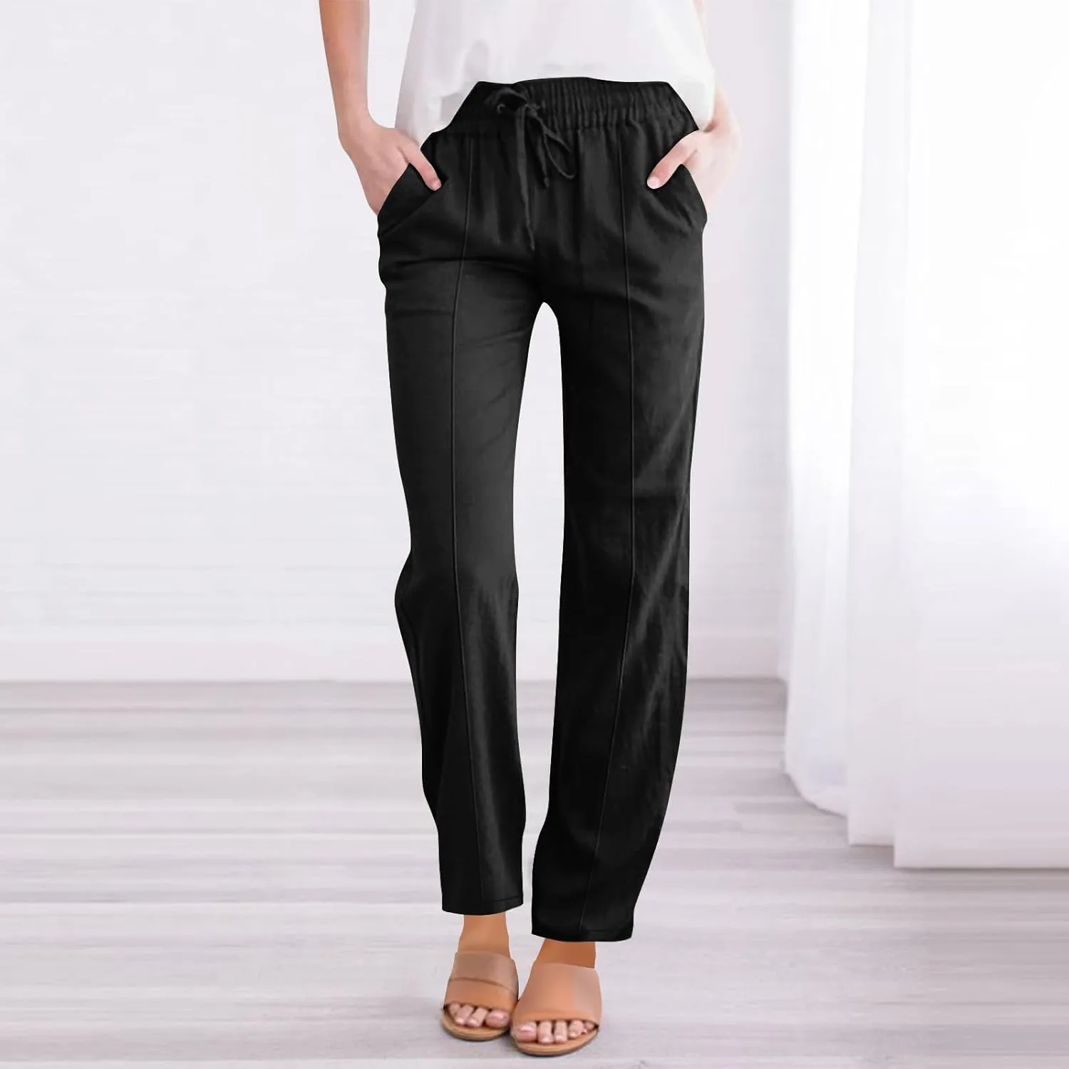 Womens Cotton Linen Pants Drawstring Elastic Waist Straight Leg Long Pantswith Pockets Casual Loose Comfy Trousers