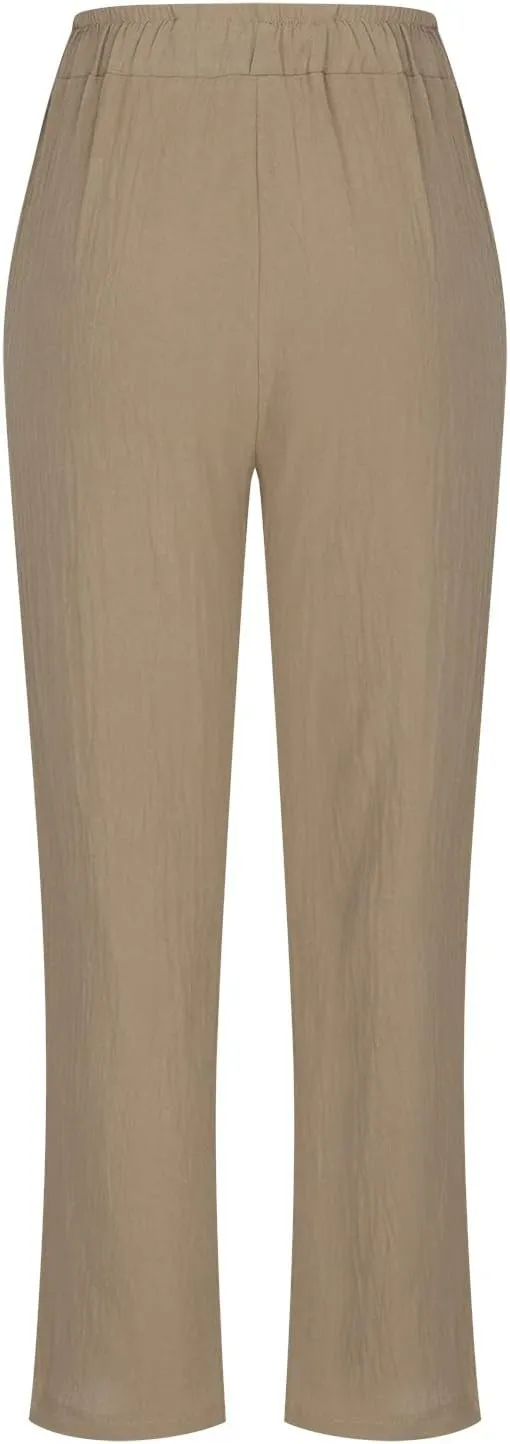 Womens Cotton Linen Pants Plus Size Loose Casual Pocket Straight Leg Pants Summer Comfy Breathable Trousers