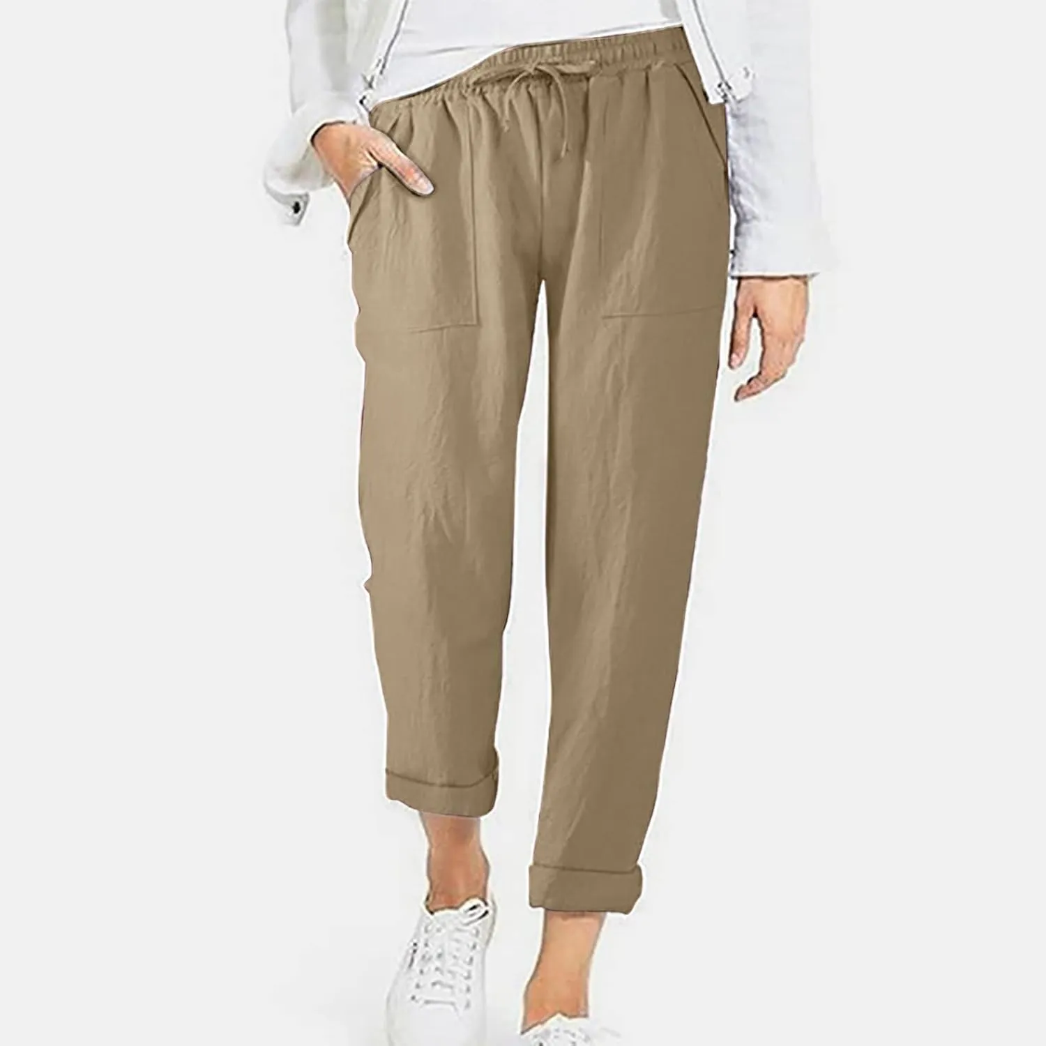 Womens Cotton Linen Pants Plus Size Loose Casual Pocket Straight Leg Pants Summer Comfy Breathable Trousers