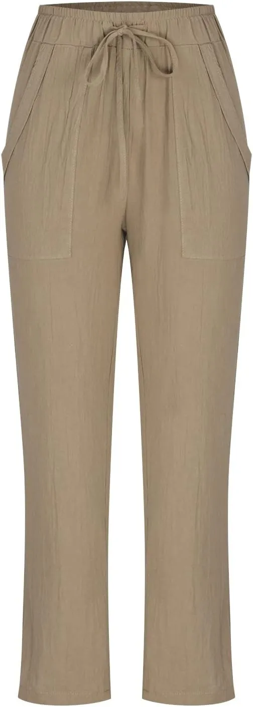 Womens Cotton Linen Pants Plus Size Loose Casual Pocket Straight Leg Pants Summer Comfy Breathable Trousers