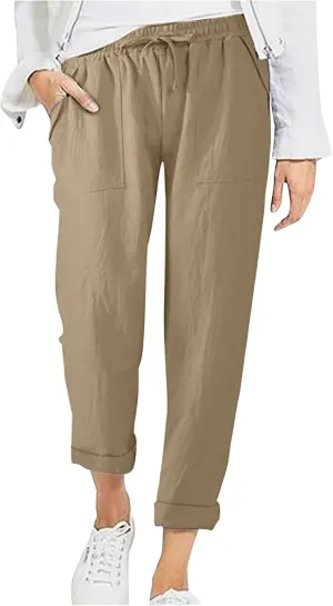 Womens Cotton Linen Pants Plus Size Loose Casual Pocket Straight Leg Pants Summer Comfy Breathable Trousers