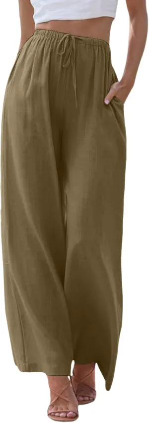 Women's Cotton Linen Summer Drawstring Lounge Palazzo Pants Flowy Wide Leg Loose Beach Trousers with Pockets