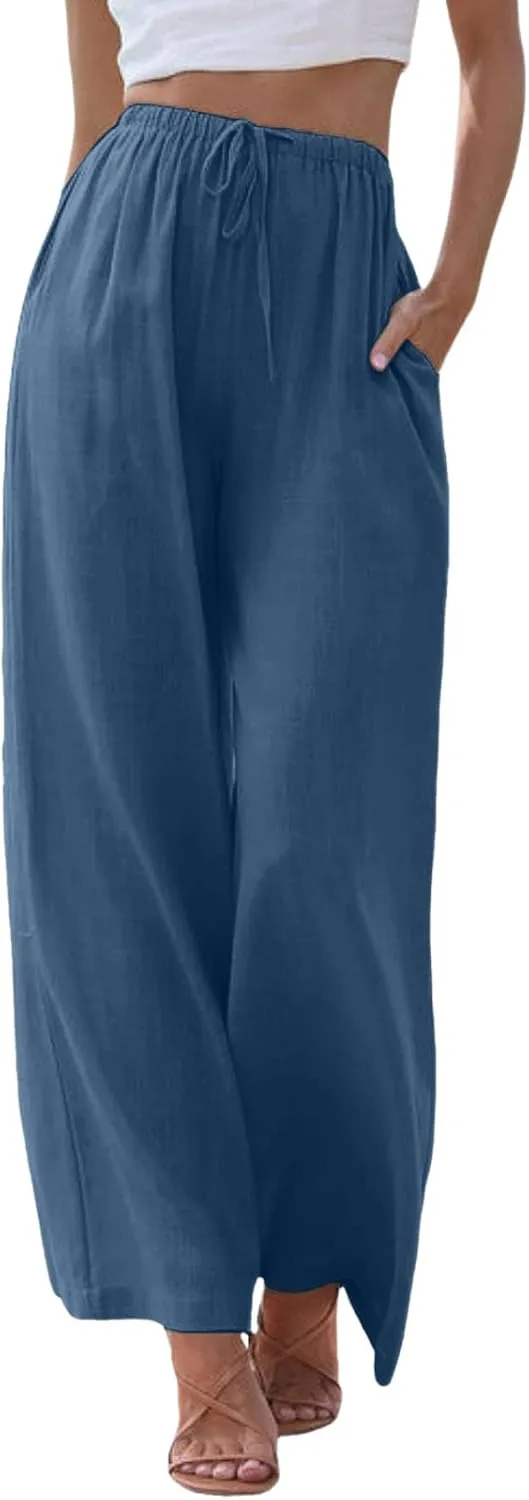 Women's Cotton Linen Summer Drawstring Lounge Palazzo Pants Flowy Wide Leg Loose Beach Trousers with Pockets
