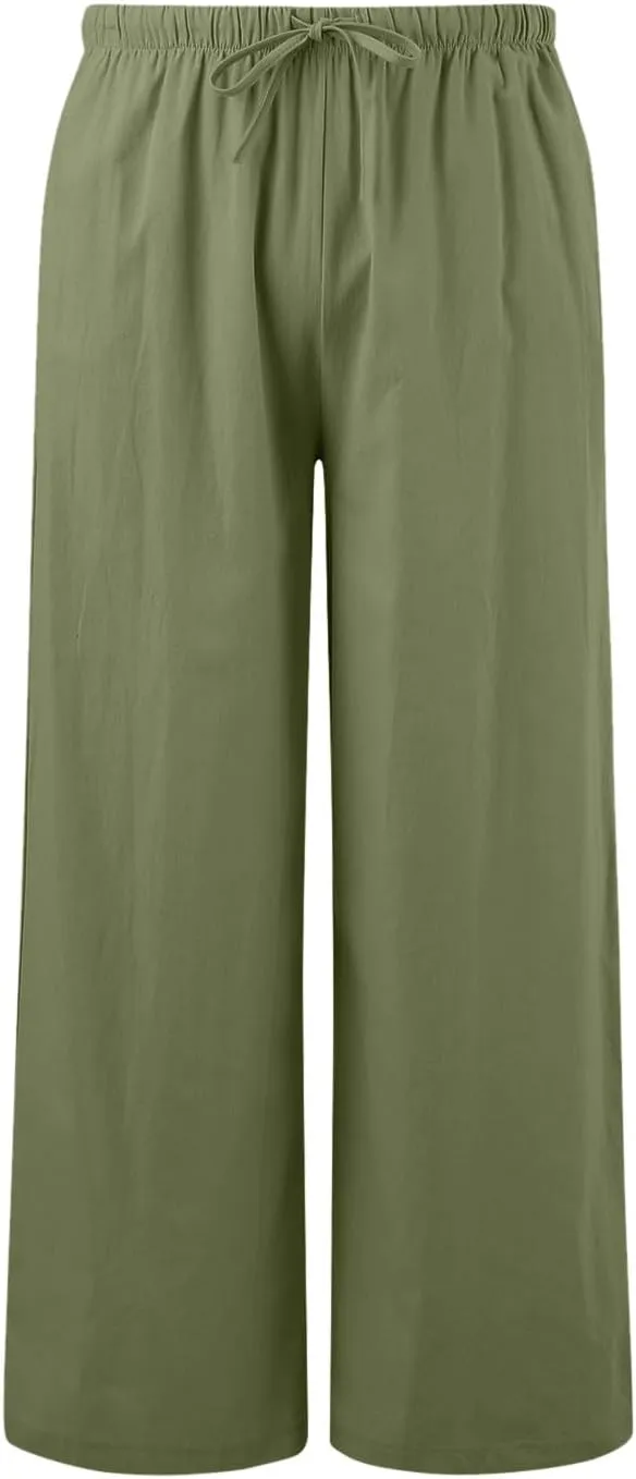 Women's Cotton Linen Summer Drawstring Lounge Palazzo Pants Flowy Wide Leg Loose Beach Trousers with Pockets