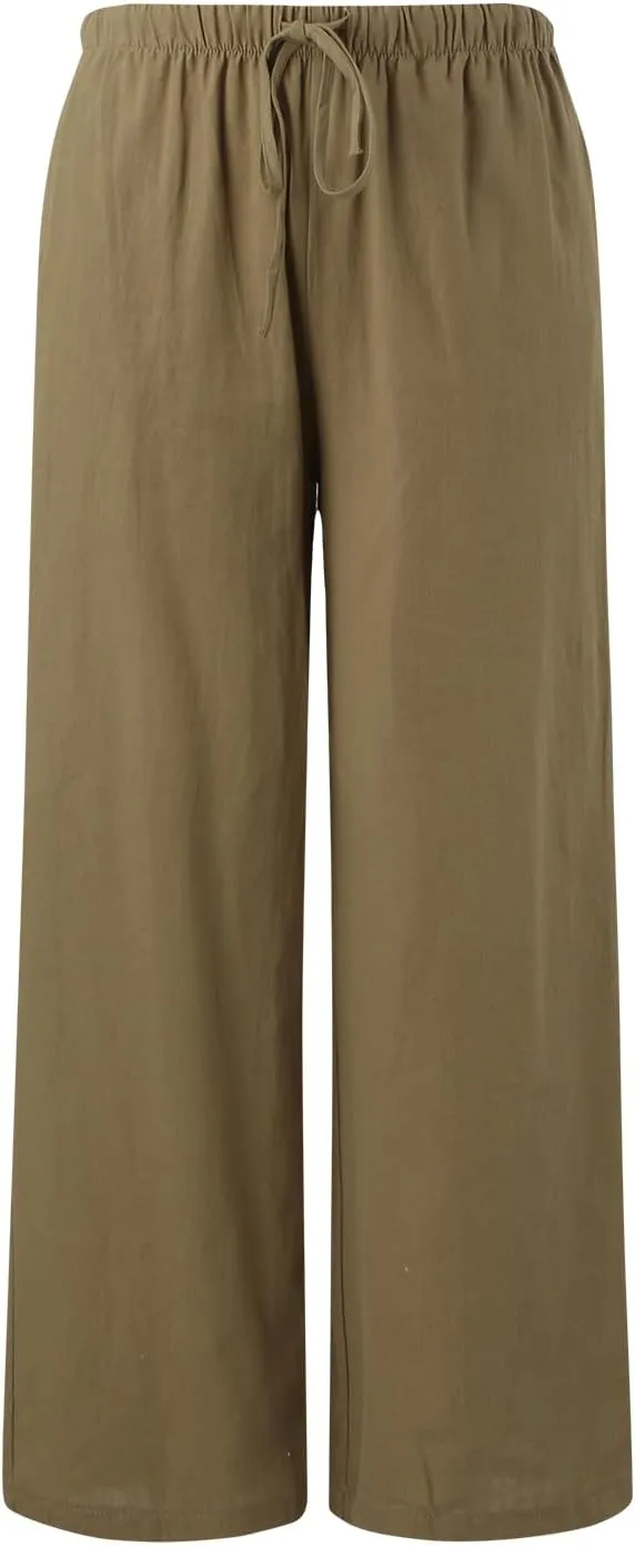 Women's Cotton Linen Summer Drawstring Lounge Palazzo Pants Flowy Wide Leg Loose Beach Trousers with Pockets