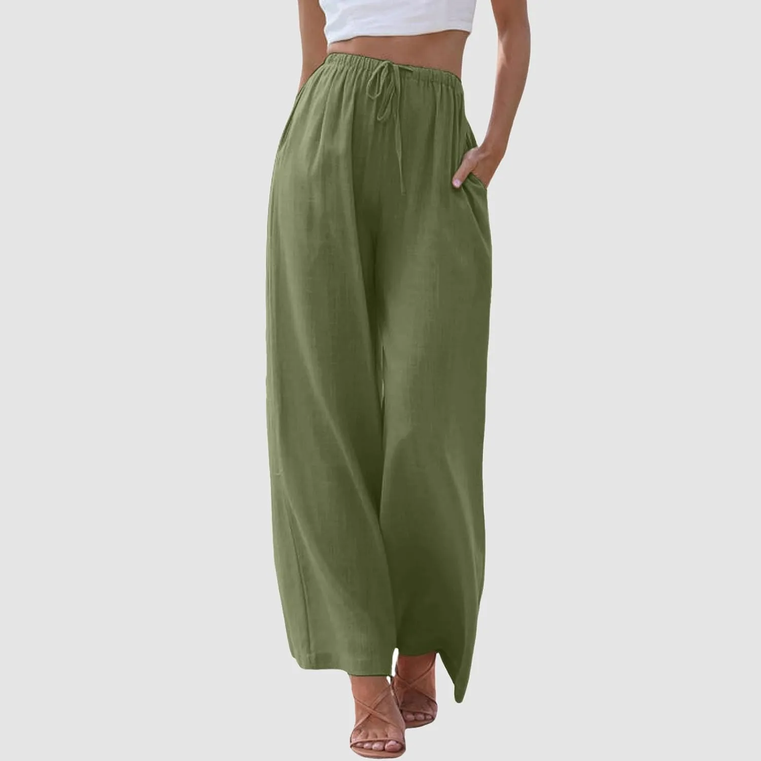 Women's Cotton Linen Summer Drawstring Lounge Palazzo Pants Flowy Wide Leg Loose Beach Trousers with Pockets