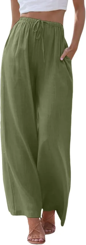 Women's Cotton Linen Summer Drawstring Lounge Palazzo Pants Flowy Wide Leg Loose Beach Trousers with Pockets
