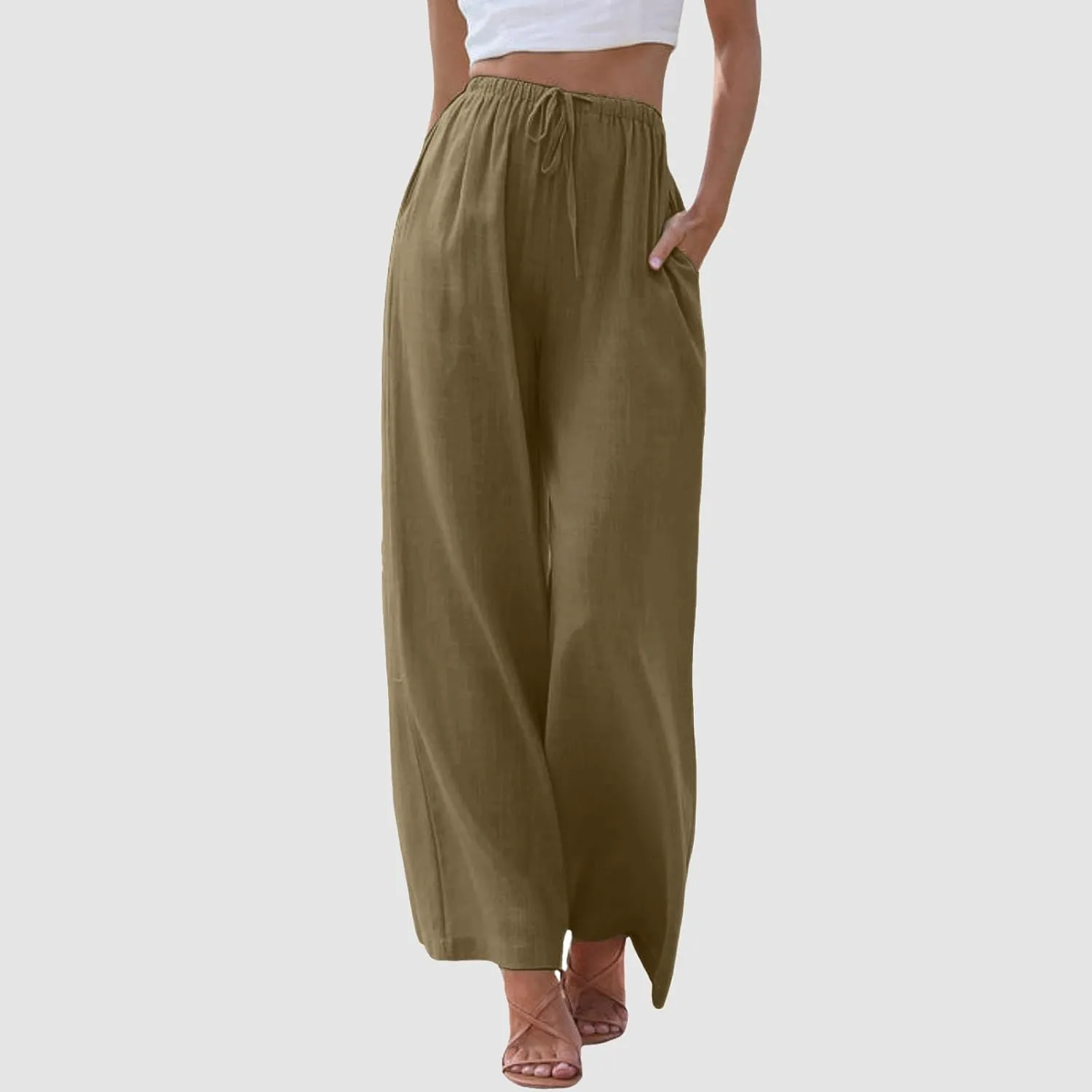 Women's Cotton Linen Summer Drawstring Lounge Palazzo Pants Flowy Wide Leg Loose Beach Trousers with Pockets