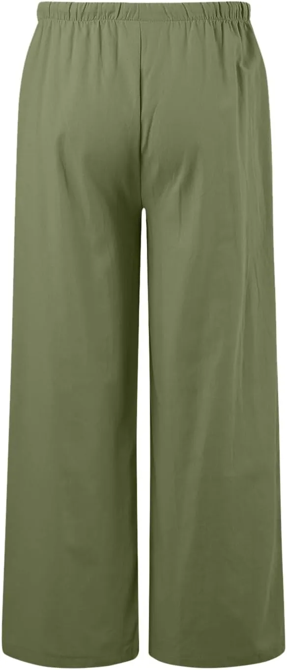 Women's Cotton Linen Summer Drawstring Lounge Palazzo Pants Flowy Wide Leg Loose Beach Trousers with Pockets