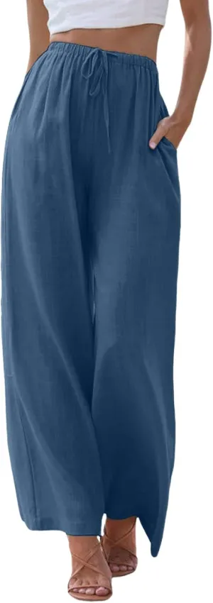 Women's Cotton Linen Summer Drawstring Lounge Palazzo Pants Flowy Wide Leg Loose Beach Trousers with Pockets