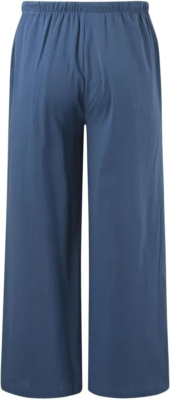 Women's Cotton Linen Summer Drawstring Lounge Palazzo Pants Flowy Wide Leg Loose Beach Trousers with Pockets