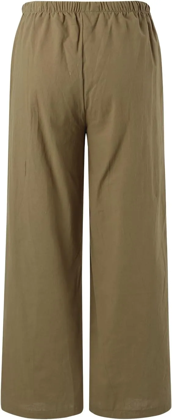 Women's Cotton Linen Summer Drawstring Lounge Palazzo Pants Flowy Wide Leg Loose Beach Trousers with Pockets