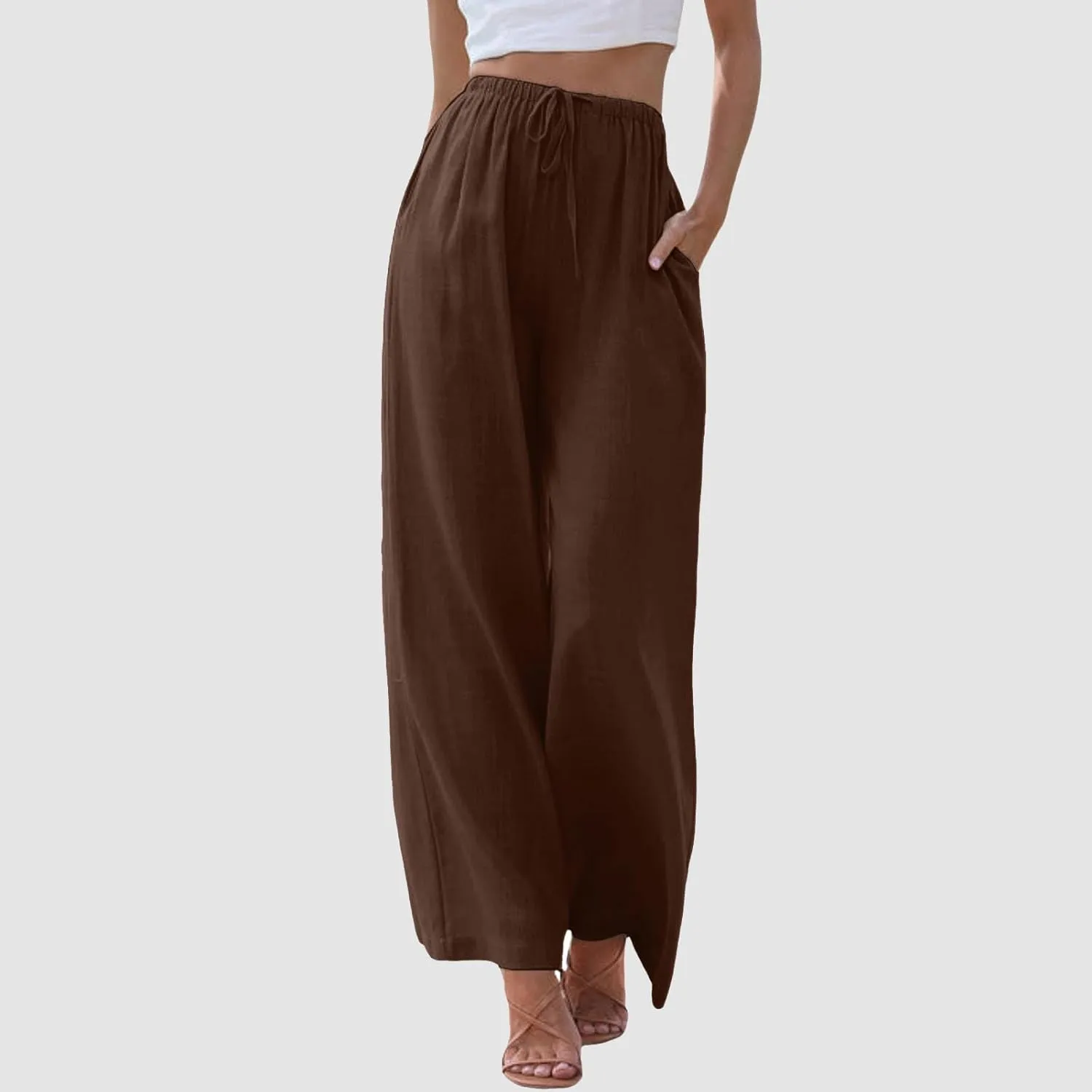 Women's Cotton Linen Summer Drawstring Lounge Palazzo Pants Flowy Wide Leg Loose Beach Trousers with Pockets