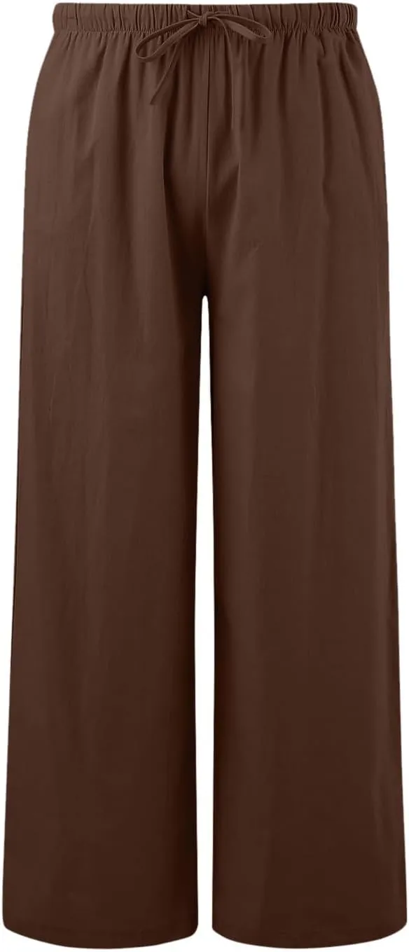 Women's Cotton Linen Summer Drawstring Lounge Palazzo Pants Flowy Wide Leg Loose Beach Trousers with Pockets