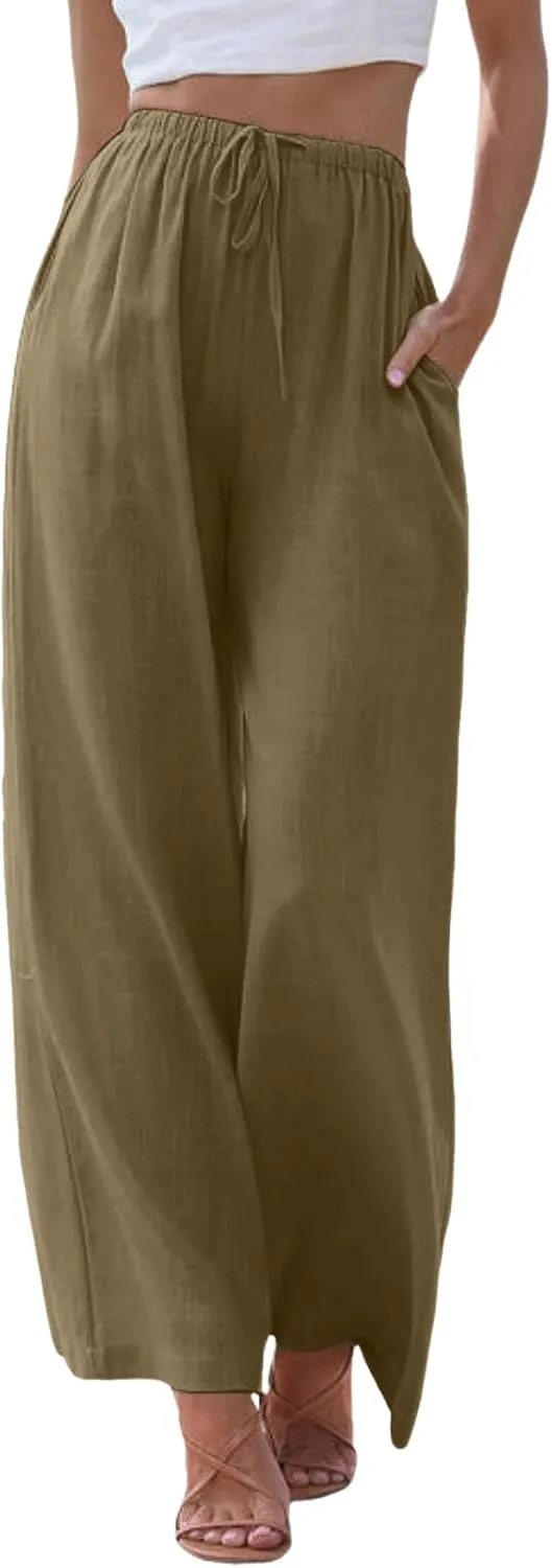 Women's Cotton Linen Summer Drawstring Lounge Palazzo Pants Flowy Wide Leg Loose Beach Trousers with Pockets