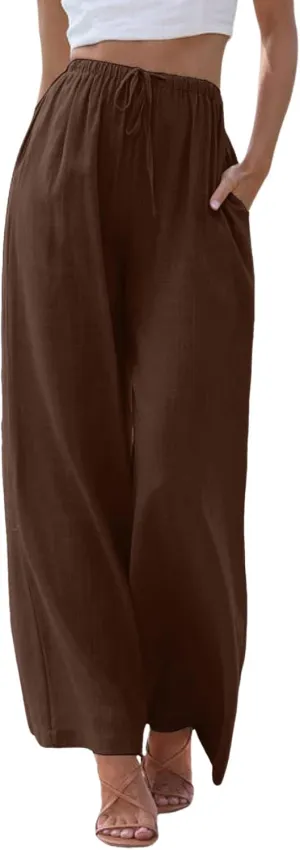 Women's Cotton Linen Summer Drawstring Lounge Palazzo Pants Flowy Wide Leg Loose Beach Trousers with Pockets