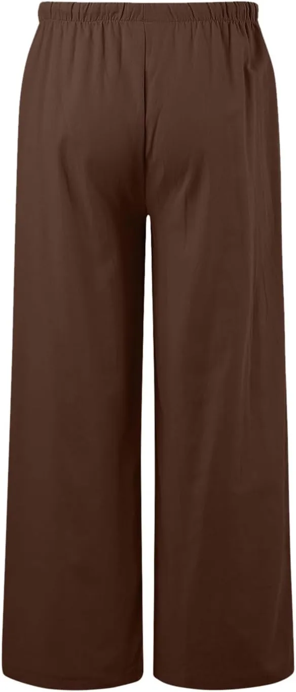 Women's Cotton Linen Summer Drawstring Lounge Palazzo Pants Flowy Wide Leg Loose Beach Trousers with Pockets
