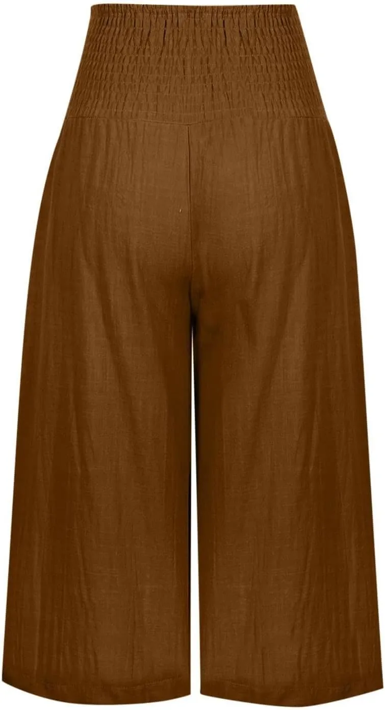 Womens Cotton Linen Wide Leg Cropped Pants Elastic Waist Casual Capris Trousers with Pockets Loose Fit Yoga Pants