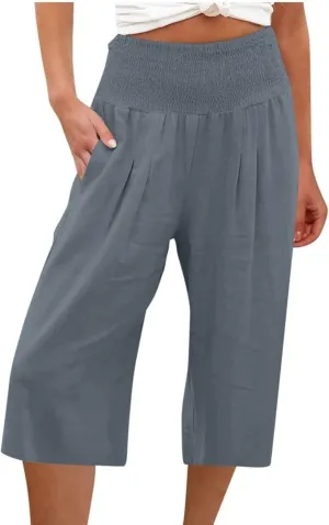 Womens Cotton Linen Wide Leg Cropped Pants Elastic Waist Casual Capris Trousers with Pockets Loose Fit Yoga Pants
