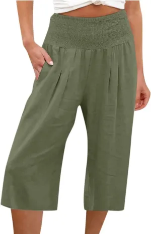 Womens Cotton Linen Wide Leg Cropped Pants Elastic Waist Casual Capris Trousers with Pockets Loose Fit Yoga Pants