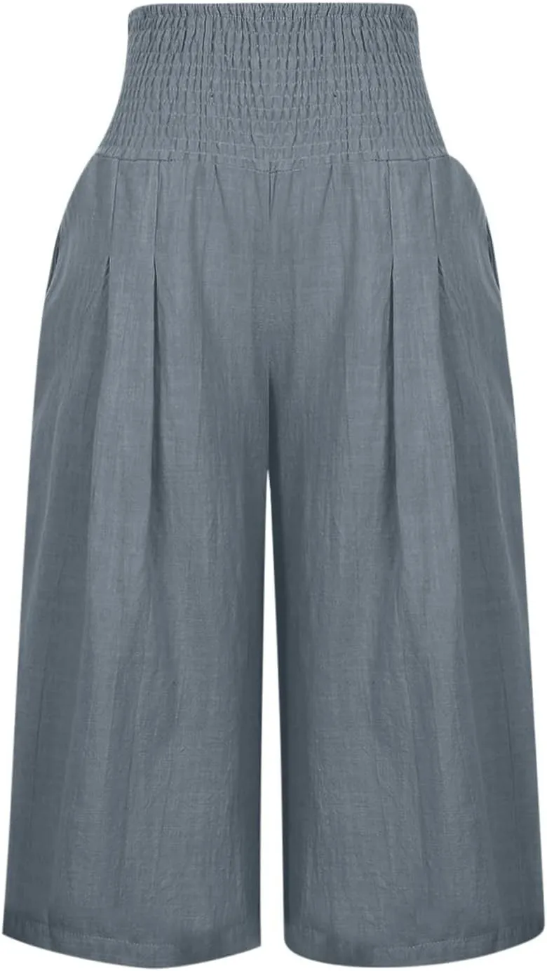 Womens Cotton Linen Wide Leg Cropped Pants Elastic Waist Casual Capris Trousers with Pockets Loose Fit Yoga Pants