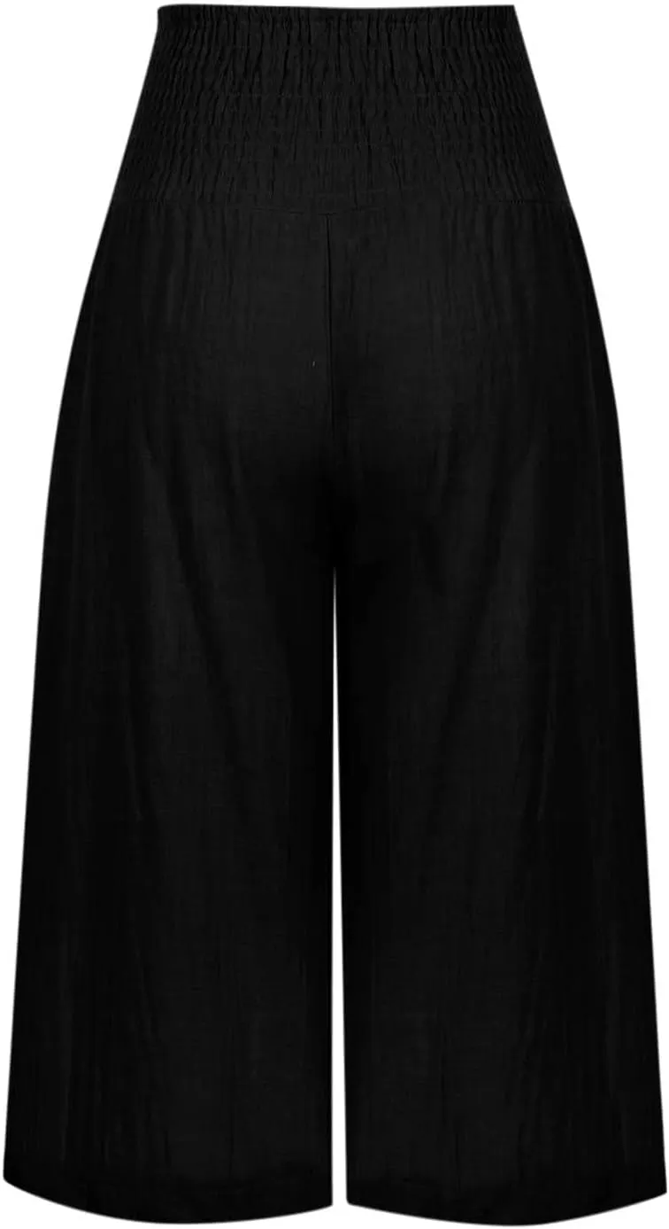 Womens Cotton Linen Wide Leg Cropped Pants Elastic Waist Casual Capris Trousers with Pockets Loose Fit Yoga Pants